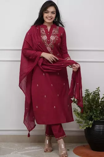 Maroon rayon heavy thread embroidery work kurta pant set