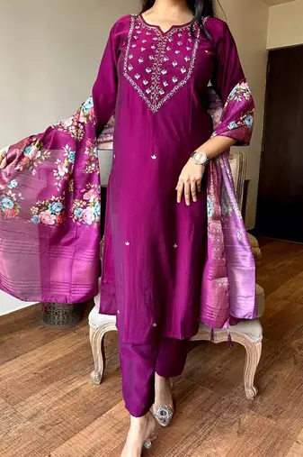Burgundy rayon heavy thread embroidery work with printed dupatta kurta pant set