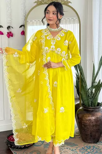Lemon vichitra silk heavy thread embroidery work kurta pant set