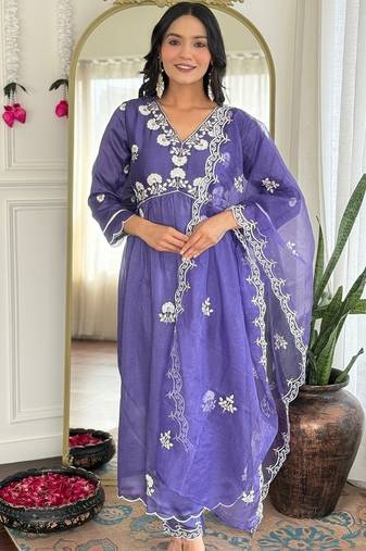 Lavender vichitra silk heavy thread embroidery work kurta pant set