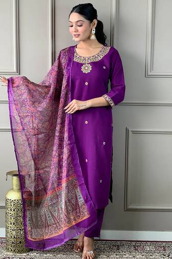 Purple rayon slub heavy thread embroidery work with printed dupatta kurta pant set