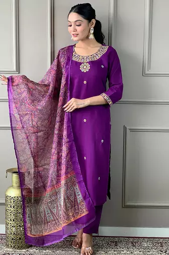 Purple rayon slub heavy thread embroidery work with printed dupatta kurta pant set