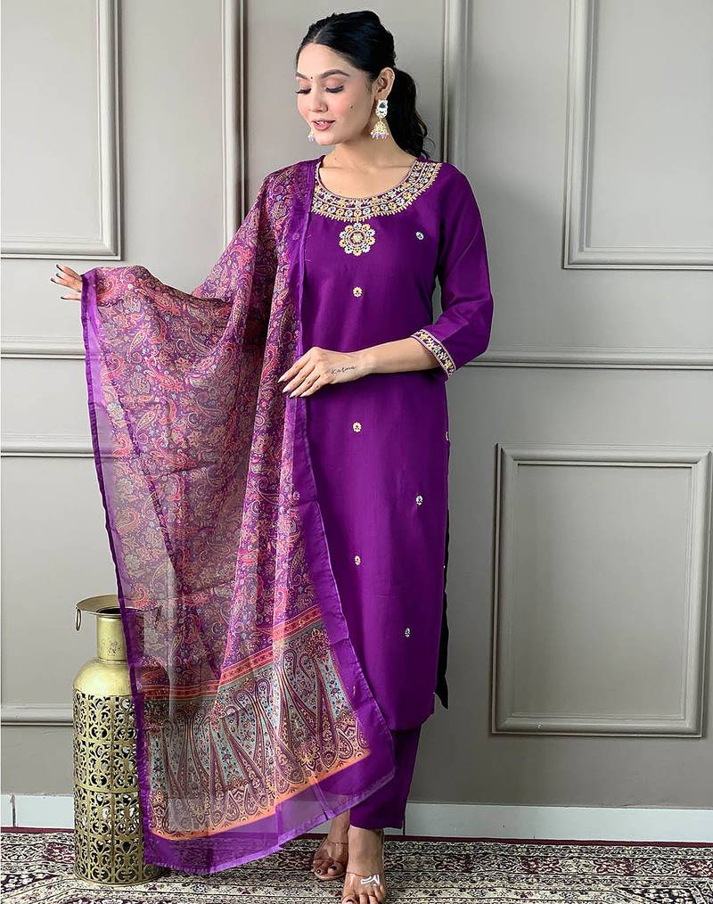 Purple rayon slub heavy thread embroidery work with printed dupatta kurta pant set