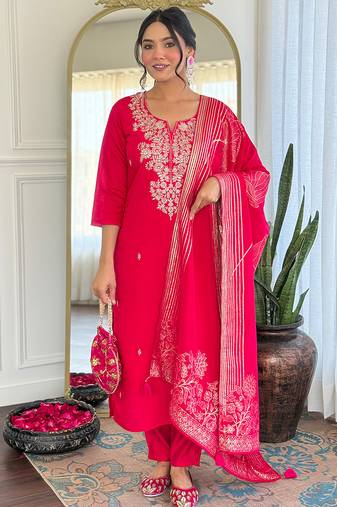 Rani pink roman silk heavy thread embroidery sequins work with jacquard dupatta kurta pant set
