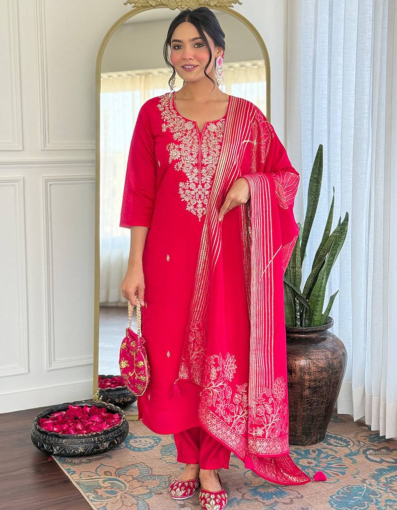 Rani pink roman silk heavy thread embroidery sequins work with jacquard dupatta kurta pant set