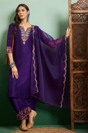 Purple silk blend heavy thread embroidery work kurta pant set