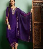Purple silk blend heavy thread embroidery work kurta pant set
