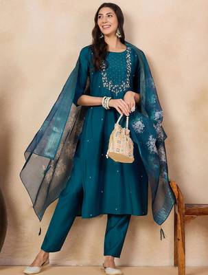Teal silk blend heavy thread embroidery work with printed dupatta kurta pant set 1