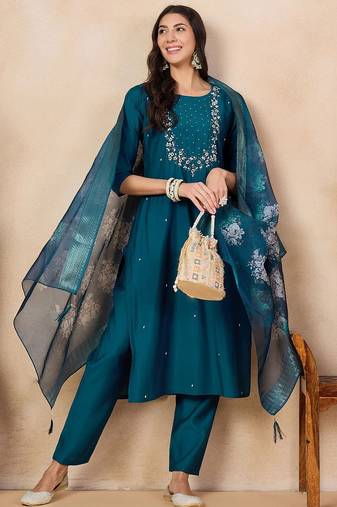 Teal silk blend heavy thread embroidery work with printed dupatta kurta pant set
