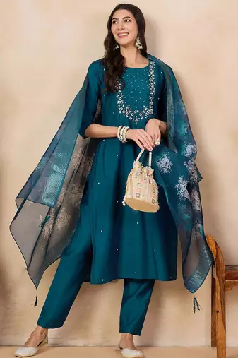 Teal silk blend heavy thread embroidery work with printed dupatta kurta pant set