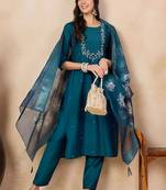 Teal silk blend heavy thread embroidery work with printed dupatta kurta pant set