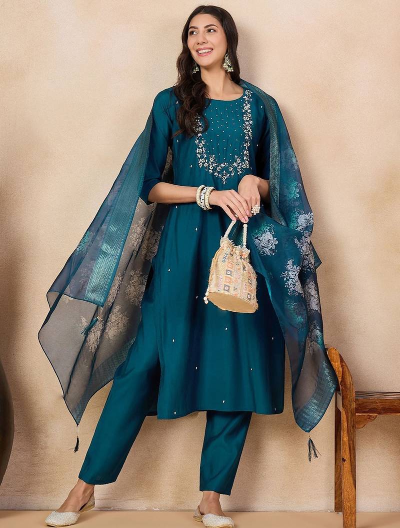 Teal silk blend heavy thread embroidery work with printed dupatta kurta pant set