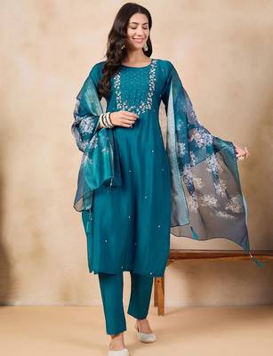 Teal silk blend heavy thread embroidery work with printed dupatta kurta pant set 2