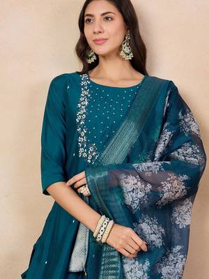 Teal silk blend heavy thread embroidery work with printed dupatta kurta pant set 4