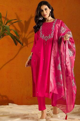Rani pink silk blend heavy thread embroidery work with printed dupatta kurta pant set