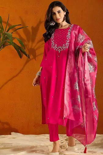 Rani pink silk blend heavy thread embroidery work with printed dupatta kurta pant set