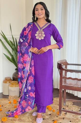 Violet roman silk heavy thread embroidery work with printed dupatta kurta pant set