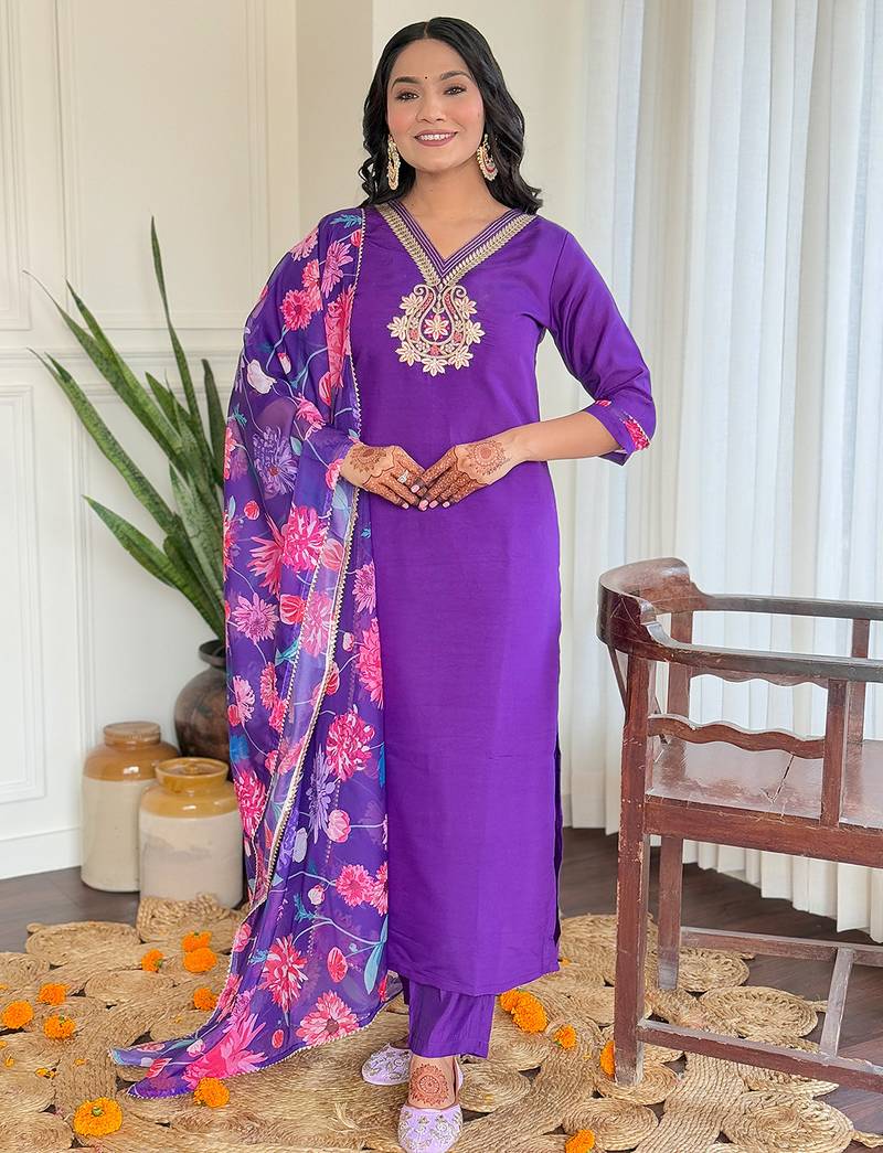 Violet roman silk heavy thread embroidery work with printed dupatta kurta pant set