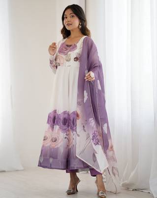Elegant violet organza silk anarkali with floral jari work & dupatta set 1