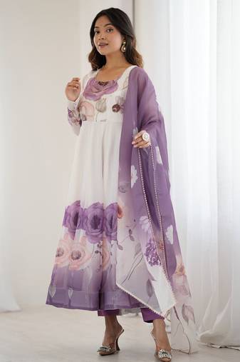 Elegant violet organza silk anarkali with floral jari work & dupatta set