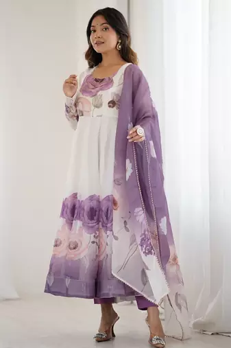Elegant violet organza silk anarkali with floral jari work & dupatta set
