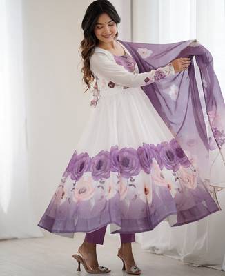 Elegant violet organza silk anarkali with floral jari work & dupatta set 2