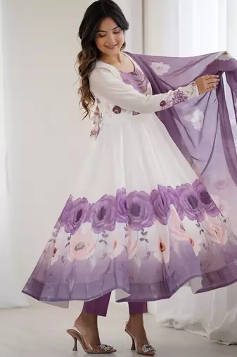 Elegant violet organza silk anarkali with floral jari work & dupatta set