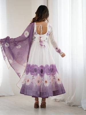 Elegant violet organza silk anarkali with floral jari work & dupatta set 3