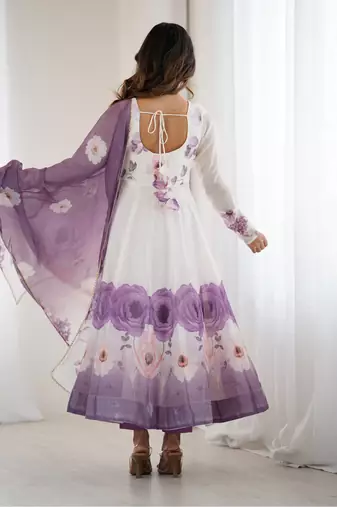 Elegant violet organza silk anarkali with floral jari work & dupatta set