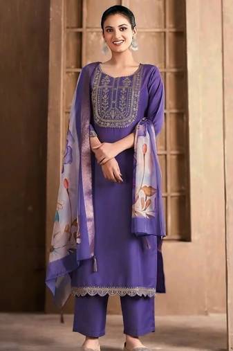 Lavender rayon slub heavy thread embroidery work with printed dupatta kurta pant set