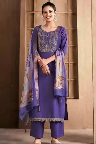 Lavender rayon slub heavy thread embroidery work with printed dupatta kurta pant set