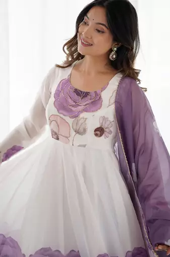 Elegant violet organza silk anarkali with floral jari work & dupatta set