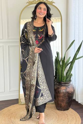 Black roman silk heavy thread embroidery sequins work with jacquard dupatta kurta pant set