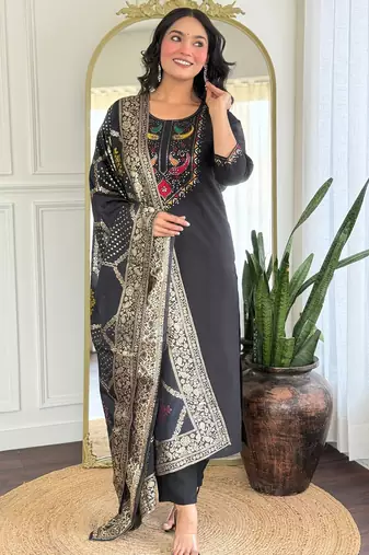 Black roman silk heavy thread embroidery sequins work with jacquard dupatta kurta pant set
