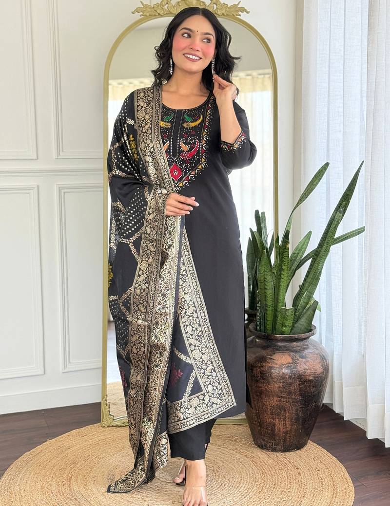 Black roman silk heavy thread embroidery sequins work with jacquard dupatta kurta pant set