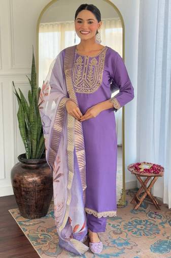 Lavender rayon slub heavy thread embroidery work with printed dupatta kurta pant set