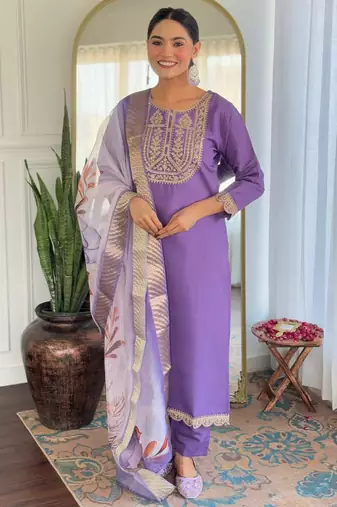 Lavender rayon slub heavy thread embroidery work with printed dupatta kurta pant set