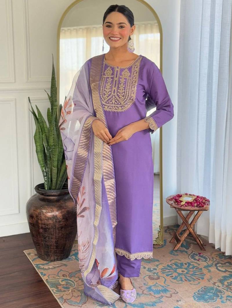 Lavender rayon slub heavy thread embroidery work with printed dupatta kurta pant set