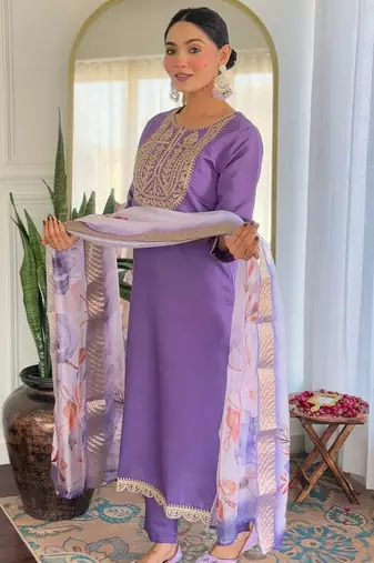 Lavender rayon slub heavy thread embroidery work with printed dupatta kurta pant set