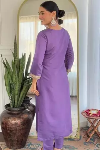 Lavender rayon slub heavy thread embroidery work with printed dupatta kurta pant set