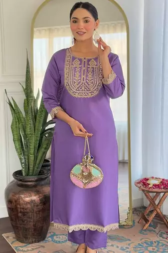 Lavender rayon slub heavy thread embroidery work with printed dupatta kurta pant set