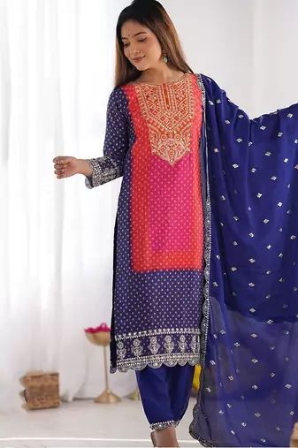 Blue pure chinon heavy thread embroidery work kurta pant set
