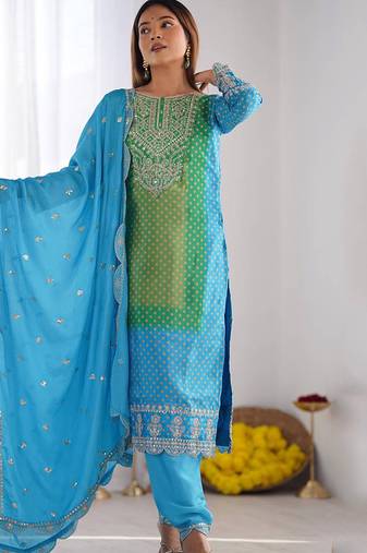 Green & aqua blue pure chinon heavy thread embroidery work kurta pant set