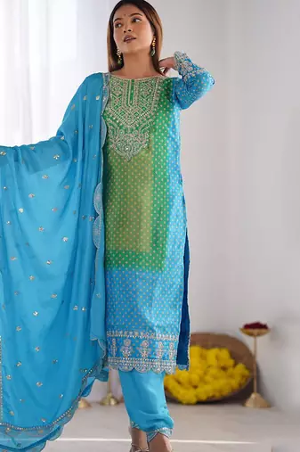 Green & aqua blue pure chinon heavy thread embroidery work kurta pant set