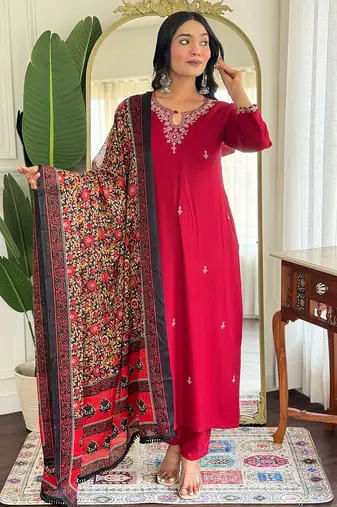 Dark pink pure viscose rayon heavy thread embroidery work with printed dupatta kurta pant set