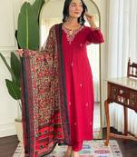 Dark pink pure viscose rayon heavy thread embroidery work with printed dupatta kurta pant set