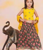 Yellow-green embroidered cotton choli & lehenga set for girls