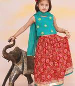 Green-red embroidered cotton choli & lehenga set for girls