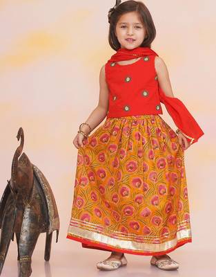 Red-mustard embroidered cotton choli & lehenga set for girls 1