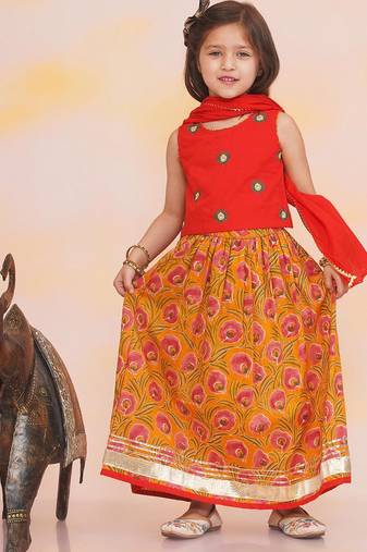 Red-mustard embroidered cotton choli & lehenga set for girls